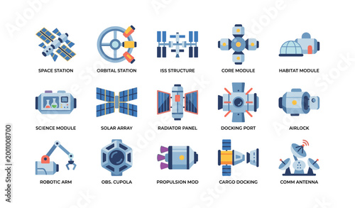 Space station module hardware icons in grid on white background