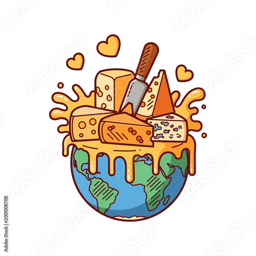 A delightful illustration of various cheeses melting over a stylized globe, symbolizing the global love for cheese.