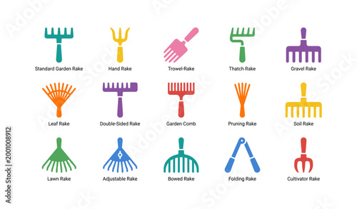 Various garden rake types displayed as colorful tool icons