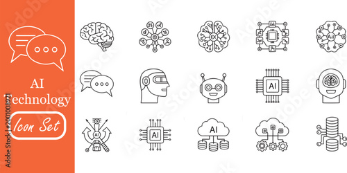 AI Technology and Artificial Intelligence Vector Icon Set: Neural Networks, Machine Learning, Robotics, Cloud Computing, Brain Data Analytics, and Future Tech Outline Symbols