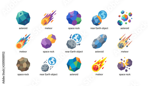 Grid of asteroid and meteor icons arranged on white background