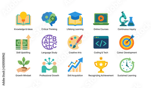 Education and professional development icons on white background