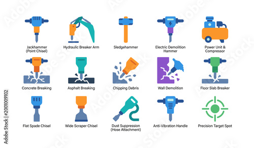 Demolition tool icons showing breakers and chisels on white background
