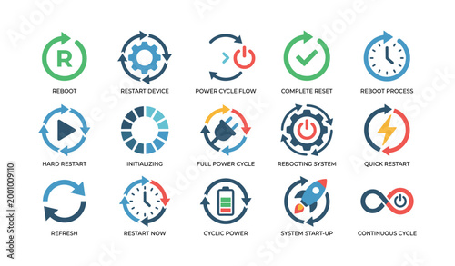 Reboot and restart icons arranged on white background
