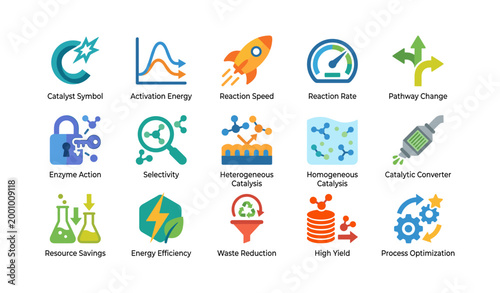 Catalysis and chemical process icons showing reaction and optimization