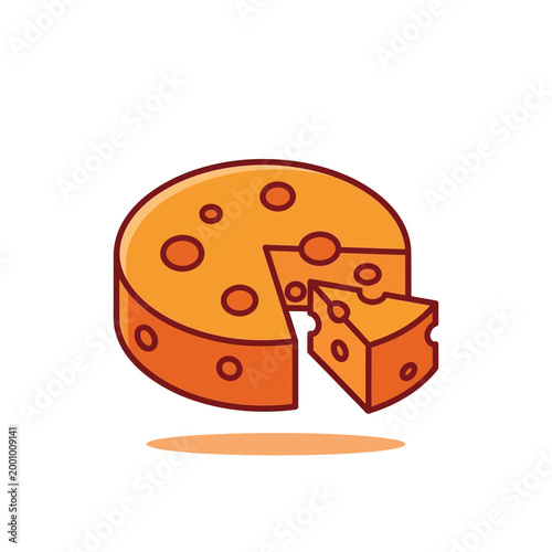 A cartoon illustration of a round orange cheese with a slice cut out, showing its texture and holes.