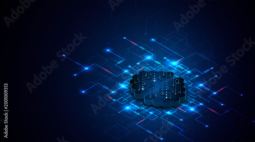 A futuristic digital brain image against a dark blue circuit background. An abstract concept of artificial intelligence, encompassing cognitive processing and advanced technological connections.
