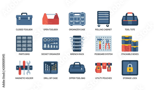 Toolbox and storage icons displaying cases on white background