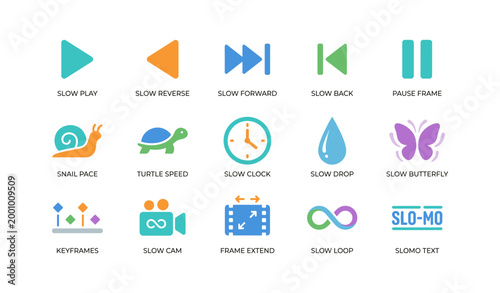 Slow motion icons depicting playback controls and slow effects