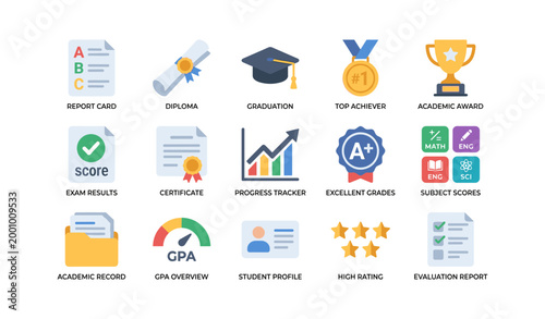 Education icons showing grades, awards and academic records on white