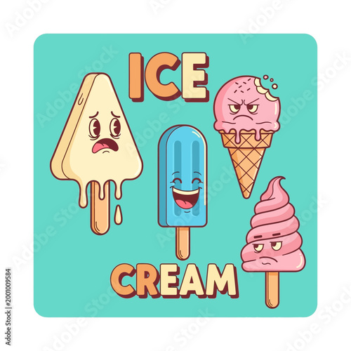 A vibrant illustration featuring four distinct ice cream characters with expressive faces, set against a teal background.