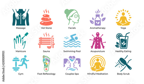 Spa icons showing wellness services and treatments on white background