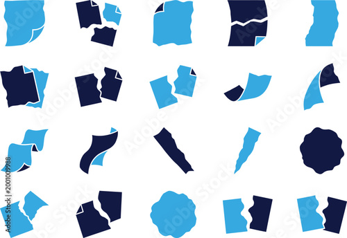 Assortment of torn paper graphics depicting ripped pages and crumpled paper in blue and dark blue.