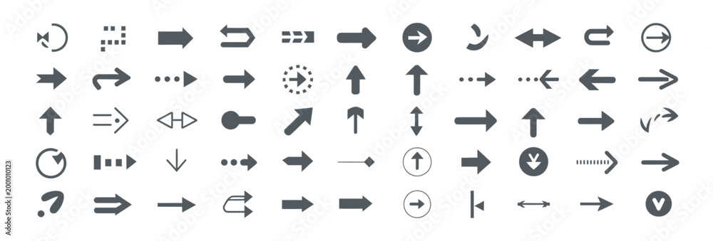Obraz premium Variety of arrow icons in dark gray, including straight, curved, and dotted styles.