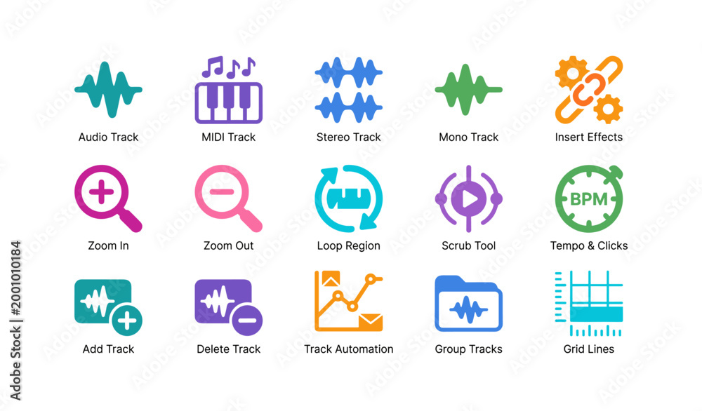 Fototapeta premium Audio editing icons showing tracks controls and tools