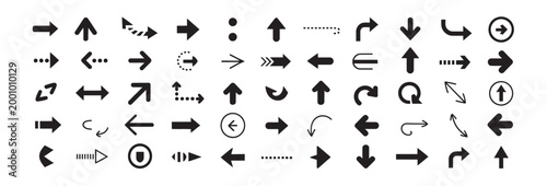 Set of black arrow icons showcasing different forms for direction and guidance.