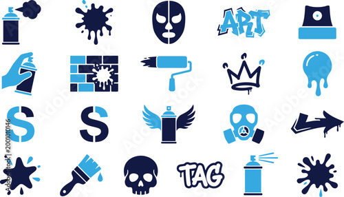 Set of graffiti art icons with spray paint cans, masks, art lettering, and splatter.