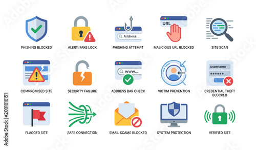 Security and phishing prevention icons arranged on white background