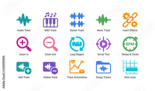 Audio editing icons showing tracks controls and tools