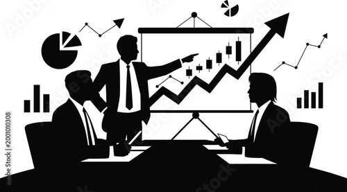 businessmen, meeting, presentation, graph, chart, board, finance, data, statistics, office, work, discussion, planning, strategy,  Businessmen presenting and discussing financial data on a graph board