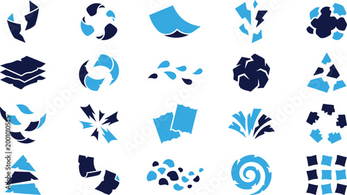 Collection of abstract shapes and fragments in blue and dark blue for design.
