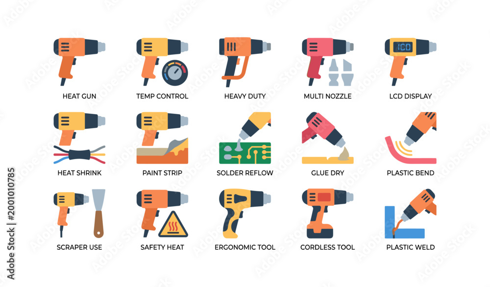 Fototapeta premium Heat gun icons illustrating uses and features on white background
