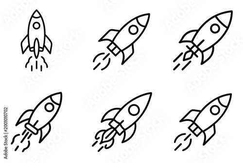 Rocket line icons set startup launch spaceship space shuttle start project business growth fly travel & more vector illustration with editable stroke.