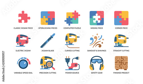 Jigsaw and woodworking icons showing puzzle pieces and tools on white