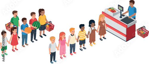 Isometric Illustration of People in Line at a Grocery Store Checkout Counter with Baskets for Shopping and Retail Concepts