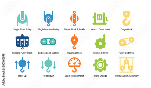 Pulley and hoist mechanism icons in industrial grid layout