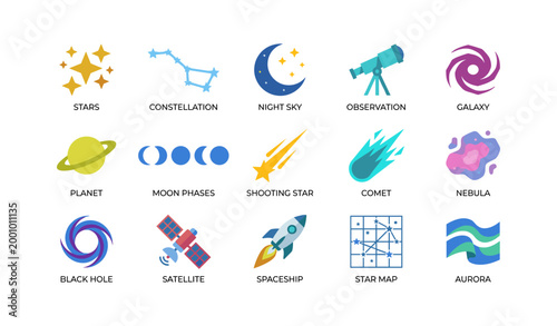 Astronomy and space icons arranged in grid collection