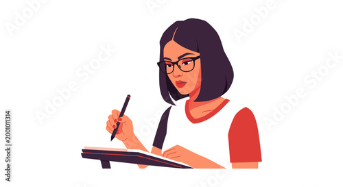 A woman with glasses is writing on a digital tablet with a stylus