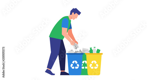 A cartoon man recycling trash into colorful bins with recycling symbols