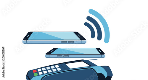 A vector graphic illustration of mobile payments with a smartphone and payment terminal