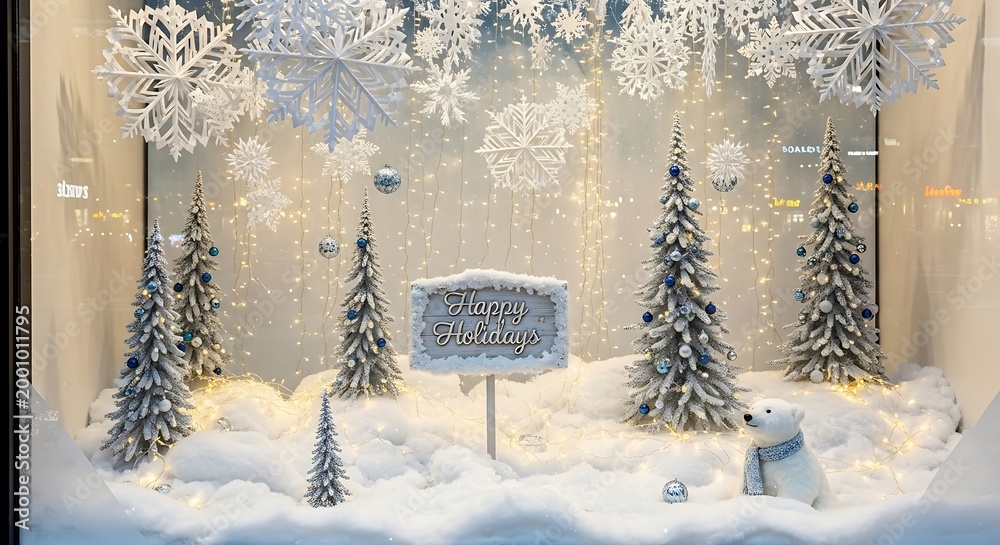 Fototapeta premium Festive snowy window display with decorated trees, snowflakes, and a polar bear
