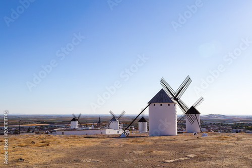 Traditional windmills standing on a hill in Campo de Criptana
