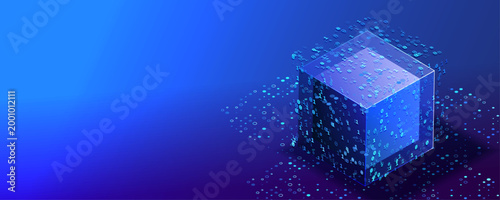 Big isometric blockchain data connected concept. Blue block network with binary code design. Futuristic cubes big data computing. Ai technology banner. Science and business vector.
