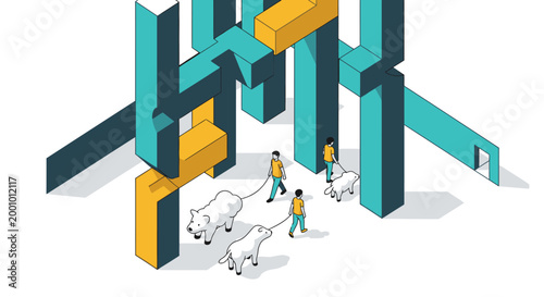 Abstract maze with people walking dogs, symbolizing complex challenges, problem-solving, and navigating life's obstacles.