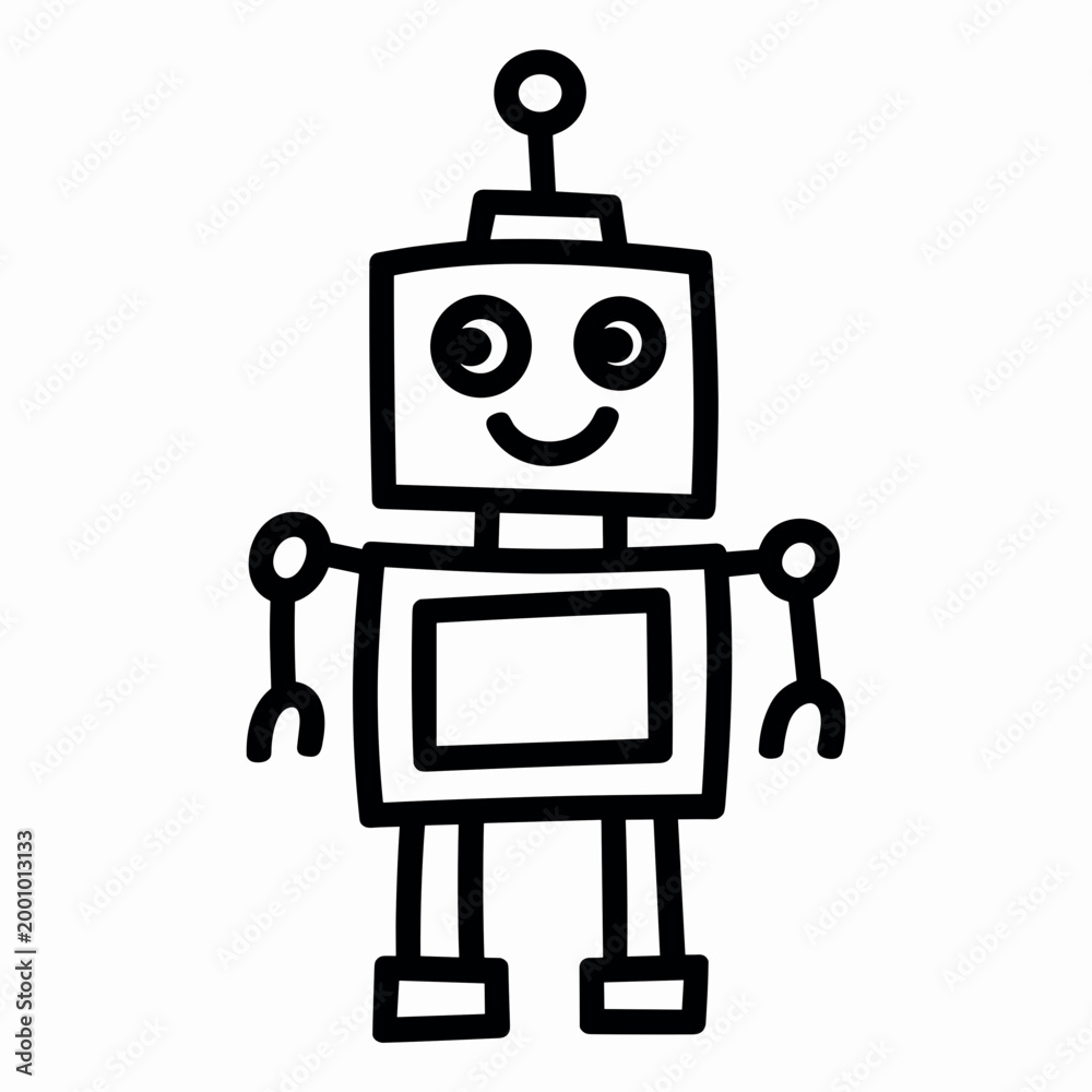 Naklejka premium Cute Robot Icon – Minimal Line Cartoon Android Character Illustration