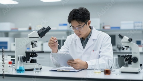 Laboratory researcher reviewing clipboard notes near microscopes