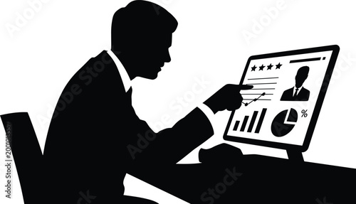 silhouette, man, suit, computer, screen, data, analysis, graph, chart, pie chart, rating, profile, business, office, workspace, desk, chair, Silhouette of man in suit analyzing data on computer screen