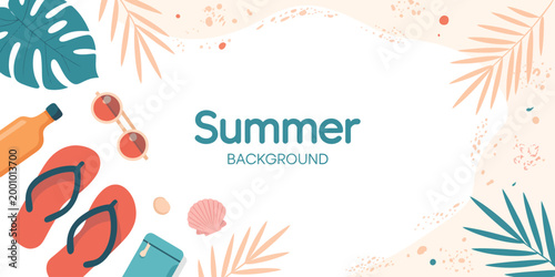 Flat lay summer themed background with tropical and beach accessories