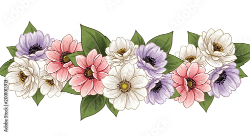 Floral border with pink, white, and purple anemone flowers and green leaves