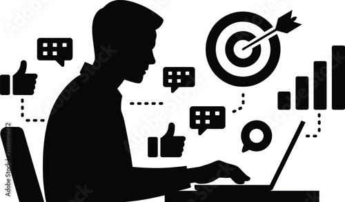 silhouette, man, laptop, social media, target, thumbs up, chat bubbles, bar graph, arrow, bullseye, online, digital, communication, tec Silhouette of man working on laptop with social media and target