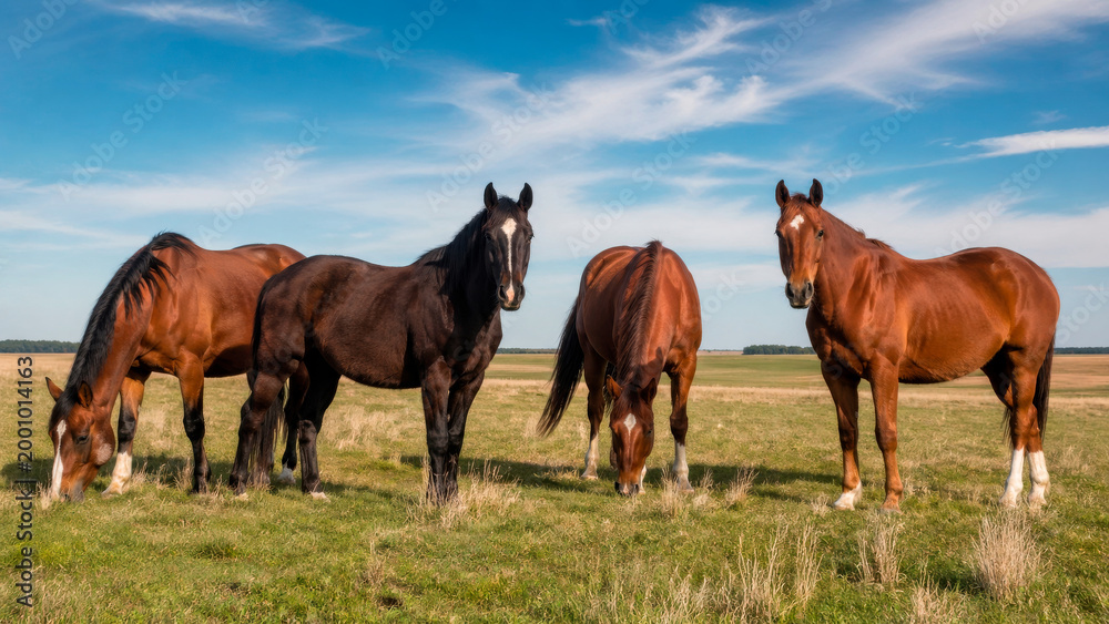 Obraz premium Grupo de cavalos em campo aberto sob céu azul