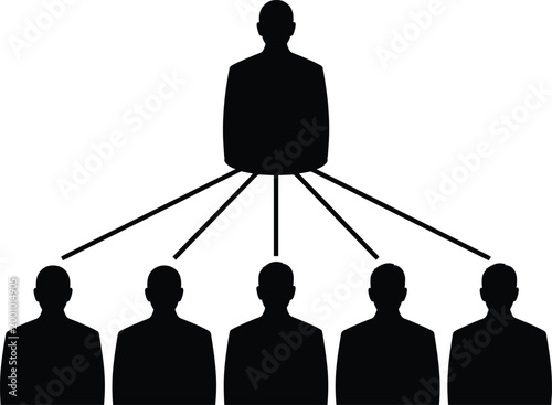 leadership, team, organization, hierarchy, silhouettes, black, white background, business, management, teamwork, structure, diagram, co Black silhouettes of a leader and team, organizational structure