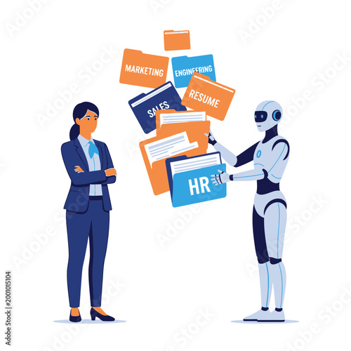 HR Recruiter Supervising AI Robot Sorting Digital Resume Application Folders
