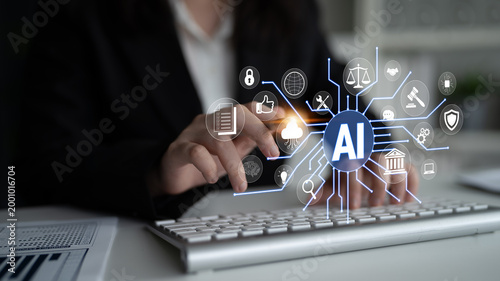 Fotografia Business Professional Engaging with Artificial Intelligence Technology, Legal and Security Symbols, Digital Innovation Concept Fluxor