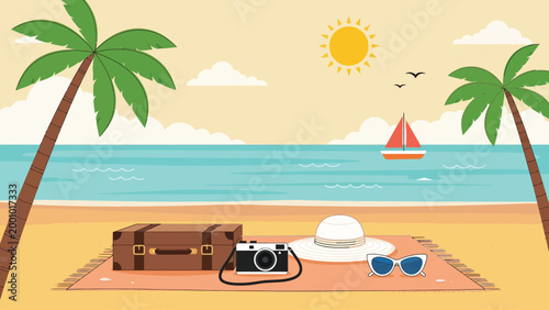 Tropical beach scene with palm trees and sailboat at sunset