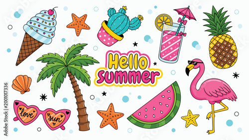 Summer themed with tropical leaves and sun symbols